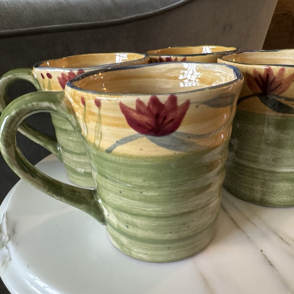Pier 1 Elizabeth Hand Painted Stoneware Floral Green Blue Red Mugs (Lot of 4) - Picture 3 of 10
